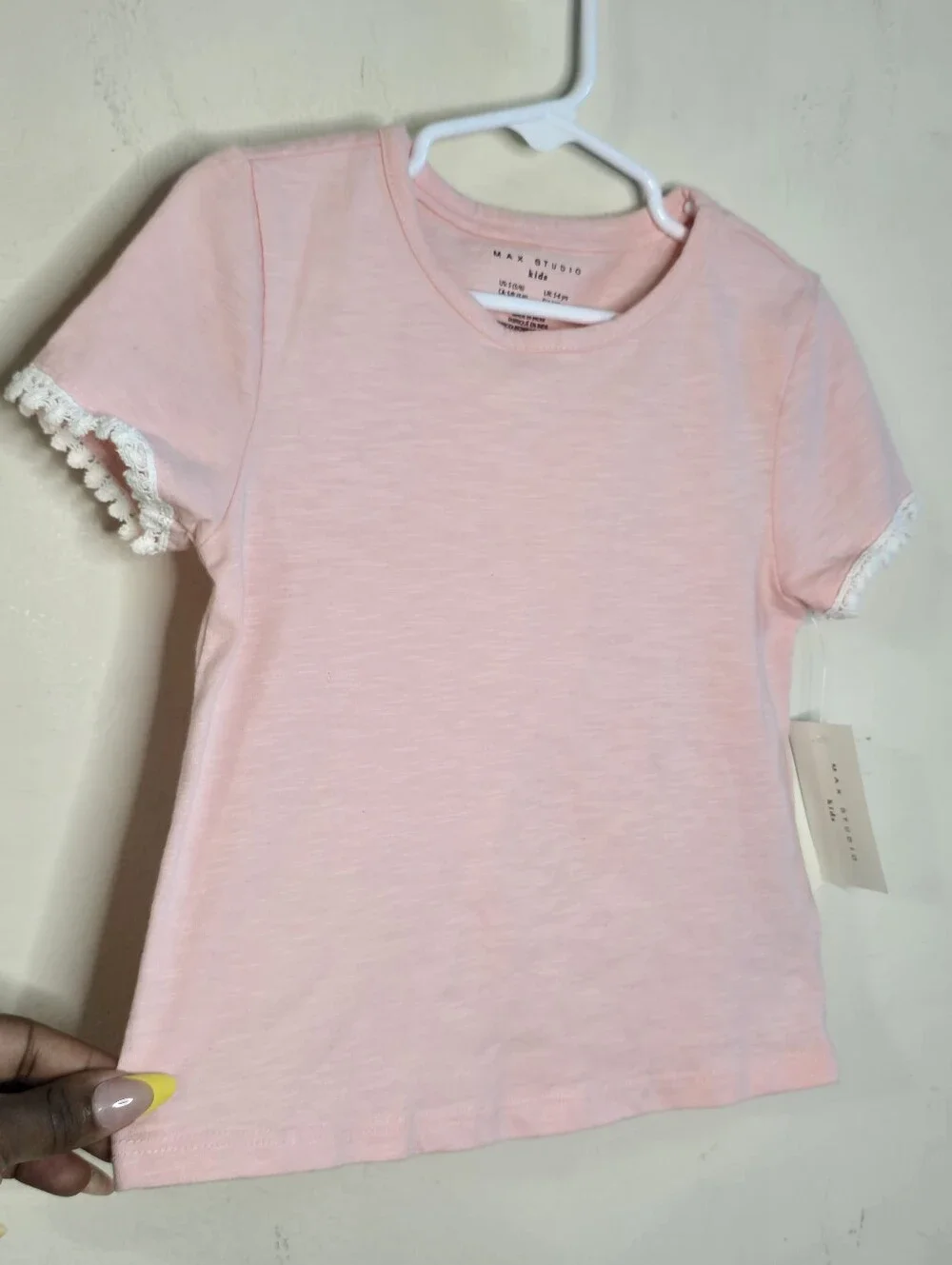 MAX Studio Kids T-Shirt Girls 5/6 Pink Short Sleeve Lace Trim NWT Cotton Topwear